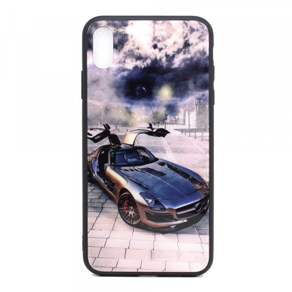 Wholesale iPhone Xs Max Design Tempered Glass Hybrid Case (Silver Race Car)